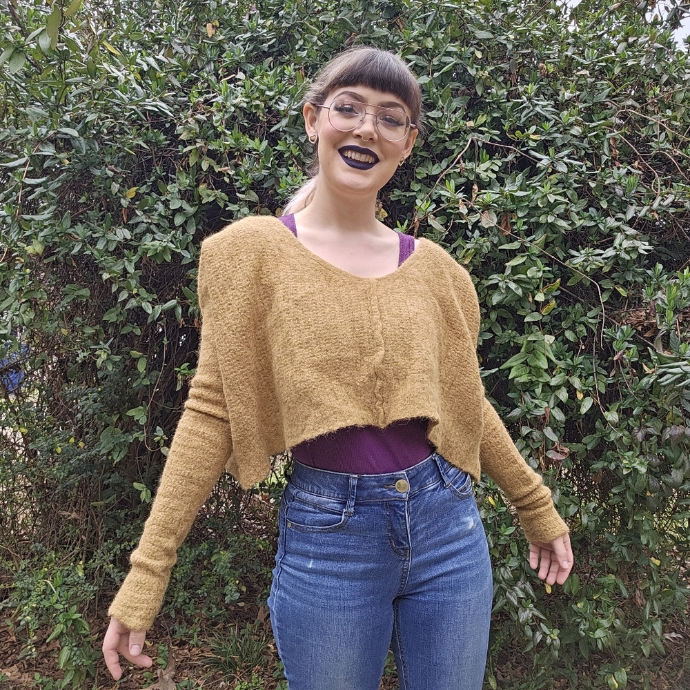 Free People Cropped Popcorn Mustard Yellow Sweater Alpaca / Nylon Blend - Picture 13 of 14